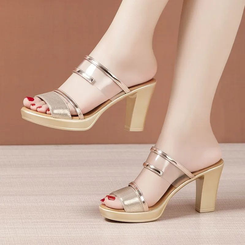 Chunky Heel Transparent Korean Style High-Heeled Women's Slippers - Fashionable And Versatile