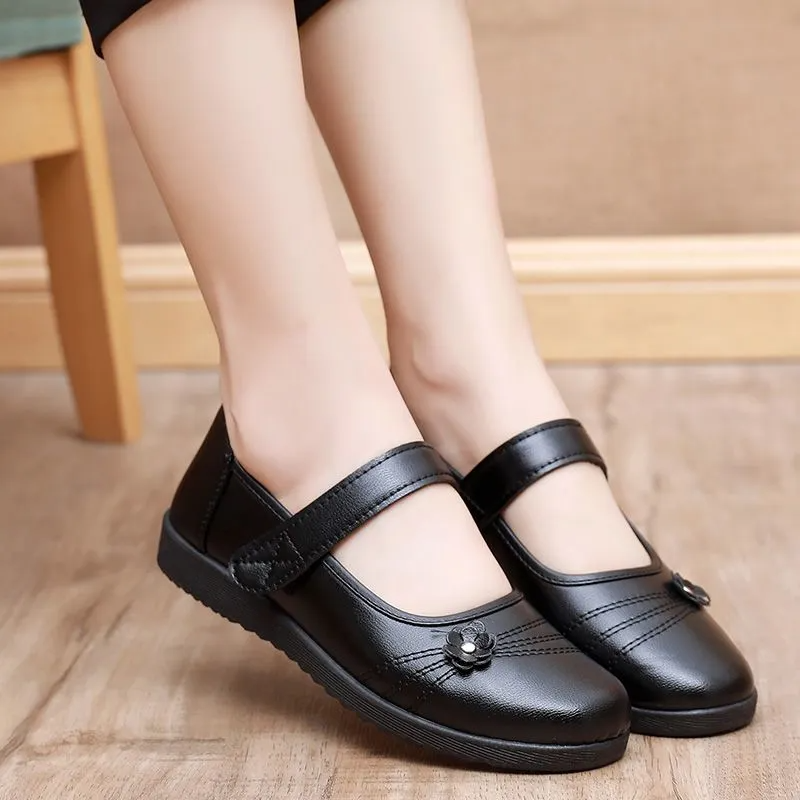 Women's Casual Mary Jane Shoes – Black Durable Leather Upper, Adjustable Strap, Lightweight Construction, Suitable For Everyday Wear & Outdoor Play, All Sizes Available