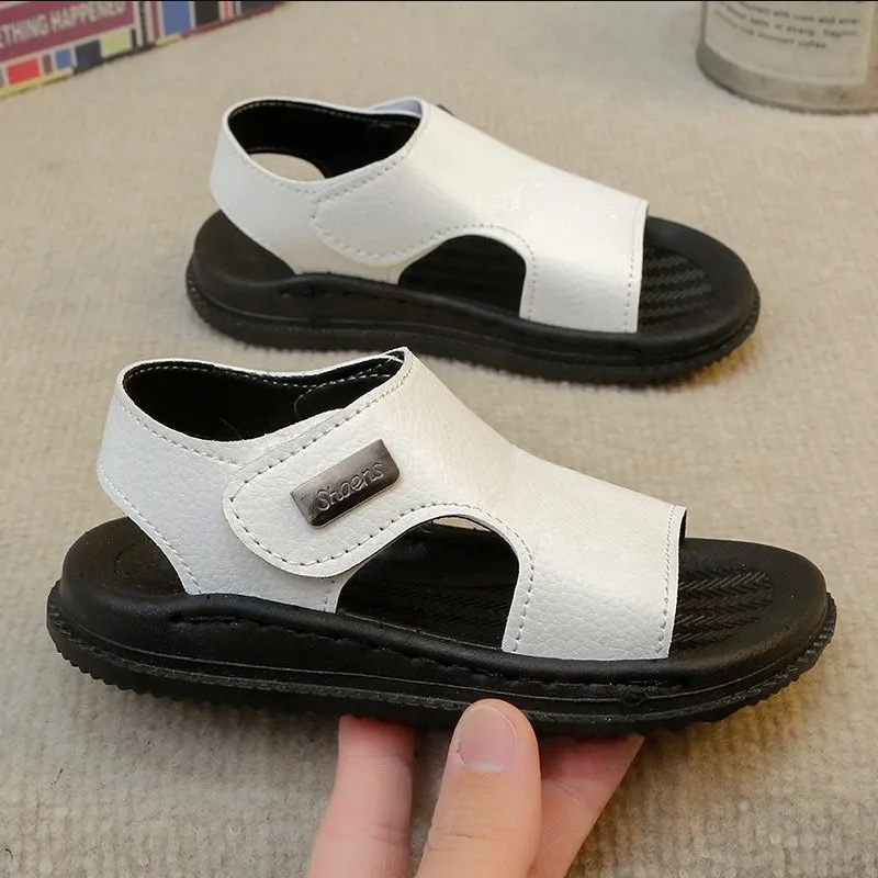Kids' Open-Toe Sandal Shoes – Durable Leather Material, Adjustable Hook-And-Loop Strap, Non-Slip Black Sole,Lightweight Construction, Perfect For Summer Casual Wear & Beach Outings