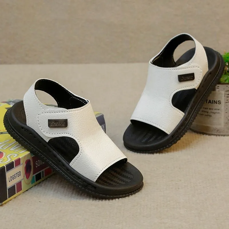 Kids' Open-Toe Sandal Shoes – Durable Leather Material, Adjustable Hook-And-Loop Strap, Non-Slip Black Sole,Lightweight Construction, Perfect For Summer Casual Wear & Beach Outings
