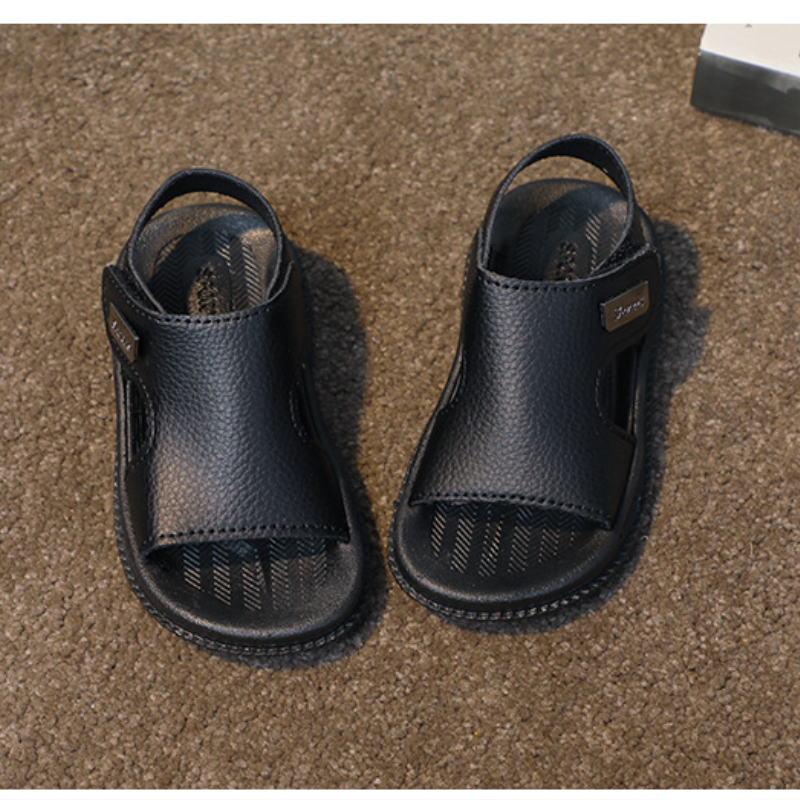 Kids' Open-Toe Sandal Shoes – Durable Leather Material, Adjustable Hook-And-Loop Strap, Non-Slip Black Sole,Lightweight Construction, Perfect For Summer Casual Wear & Beach Outings