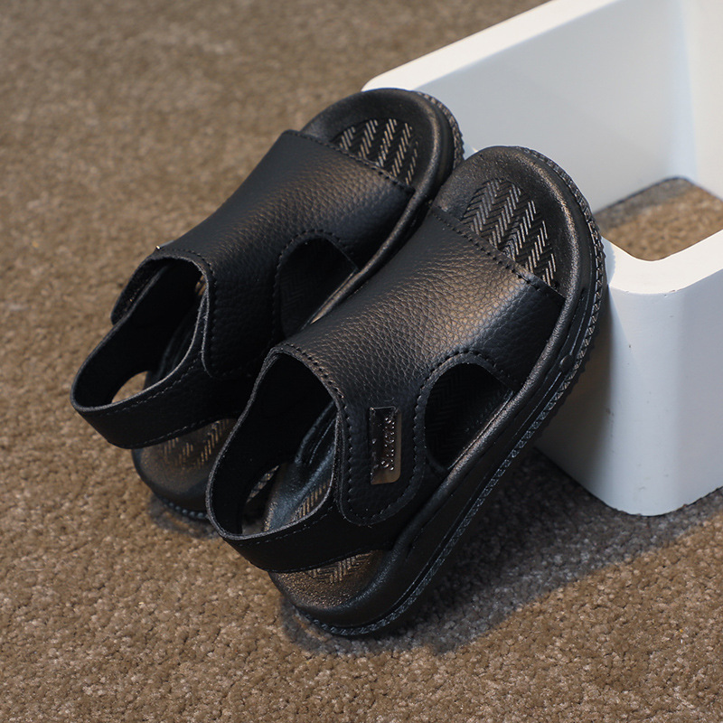 Kids' Open-Toe Sandal Shoes – Durable Leather Material, Adjustable Hook-And-Loop Strap, Non-Slip Black Sole,Lightweight Construction, Perfect For Summer Casual Wear & Beach Outings