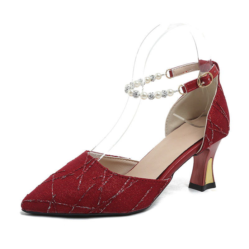 Women's Elegant High Heel Shoes –Glitter Fabric with Geometric Lines, Pearl Ankle Strap, Medium Heel, Versatile Style，Perfect For Weddings & Evening Events
