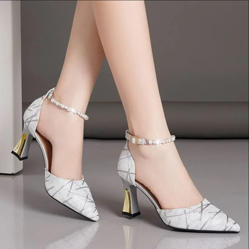 Women's Elegant High Heel Shoes –Glitter Fabric with Geometric Lines, Pearl Ankle Strap, Medium Heel, Versatile Style，Perfect For Weddings & Evening Events