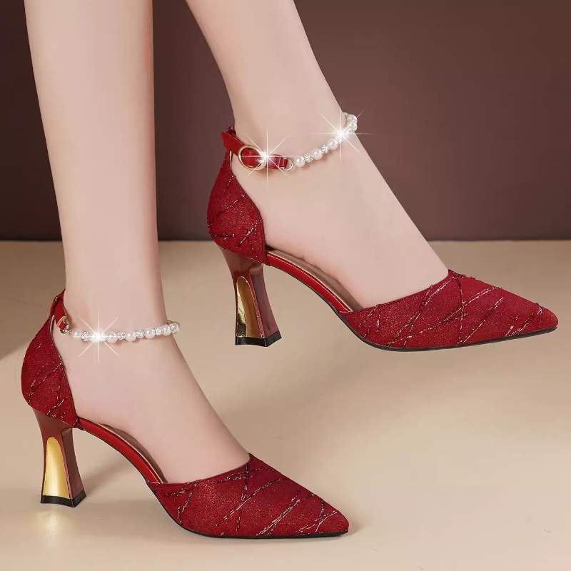 Women's Elegant High Heel Shoes –Glitter Fabric with Geometric Lines, Pearl Ankle Strap, Medium Heel, Versatile Style，Perfect For Weddings & Evening Events