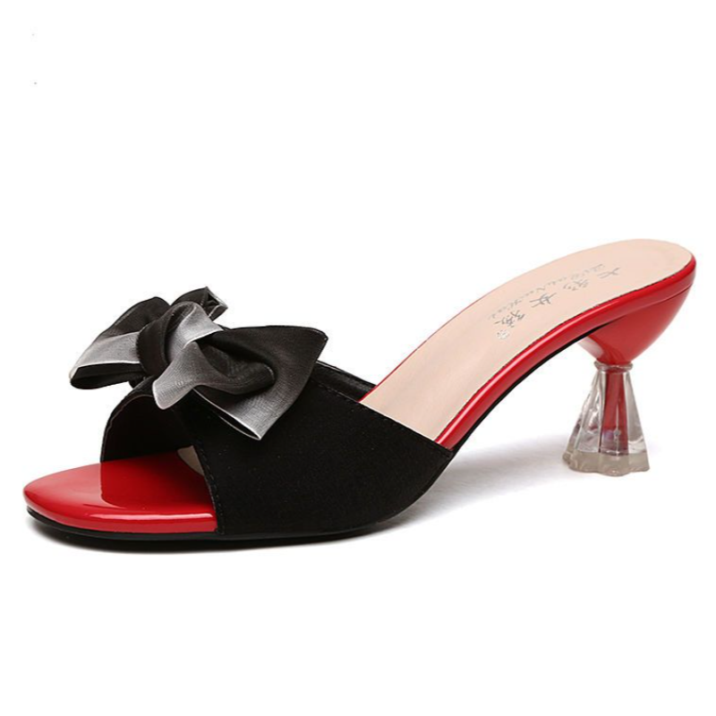 Women's Elegant Heel Shoes,Open Toe High Heel Sandals For Wedding Guest, Black Faux Suede With Bow Detail, Transparent Sculpted Heel, Red Sole & Toe Cap, Durable Stitching, Non-Slip Outsole, All Size