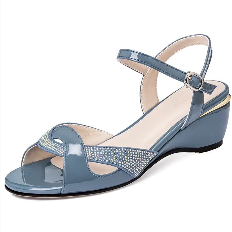 Women's Rhinestone Wedge Shoes, Red Glitter Accent Ankle Strap Sandals For Daily & Formal Wear, Faux Patent Leather, Comfortable Wedge Heel, Secure Buckle Closure, Breathable Lining, All Sizes