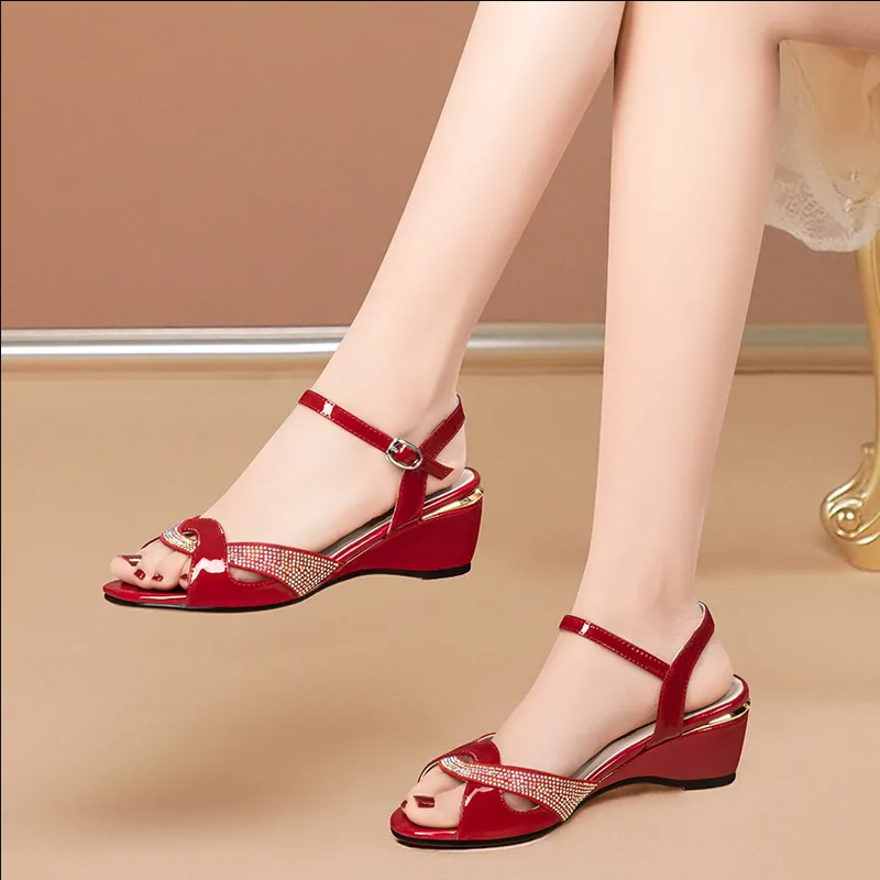 Women's Rhinestone Wedge Shoes, Red Glitter Accent Ankle Strap Sandals For Daily & Formal Wear, Faux Patent Leather, Comfortable Wedge Heel, Secure Buckle Closure, Breathable Lining, All Sizes