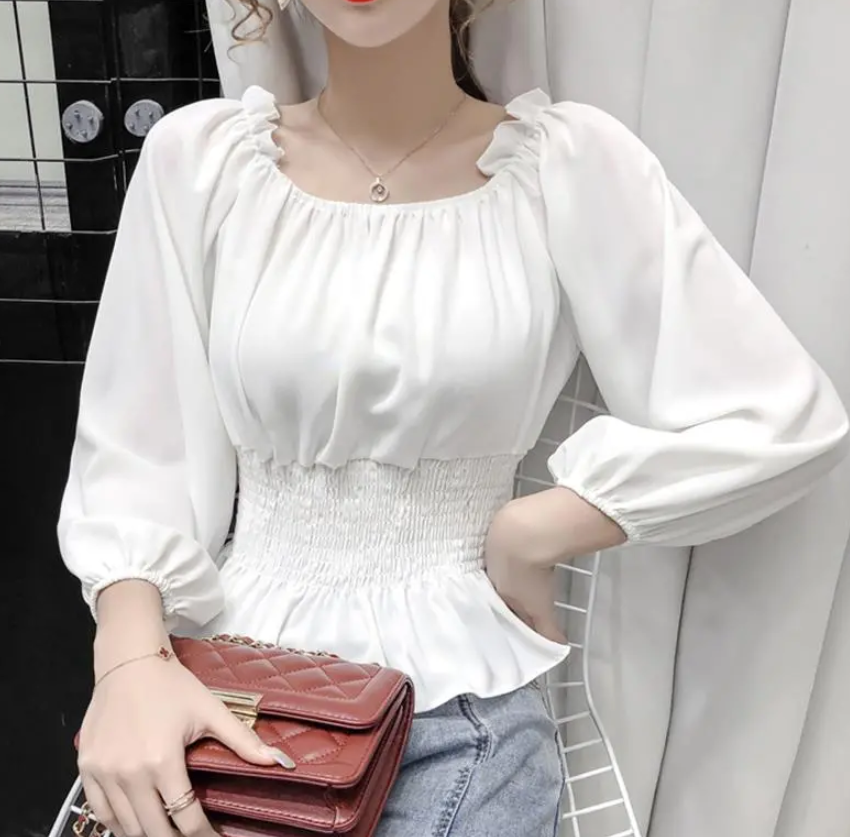 Korean new style waist-cinching versatile pleated babydoll shirt with elegant square neck, long sleeves and short chiffon top for women