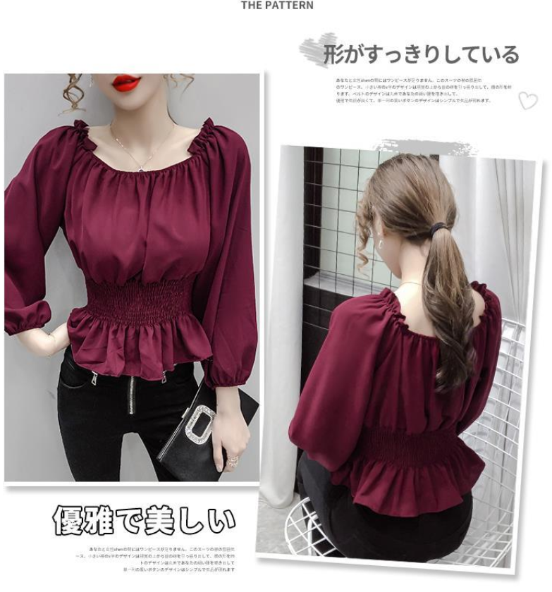 Korean new style waist-cinching versatile pleated babydoll shirt with elegant square neck, long sleeves and short chiffon top for women