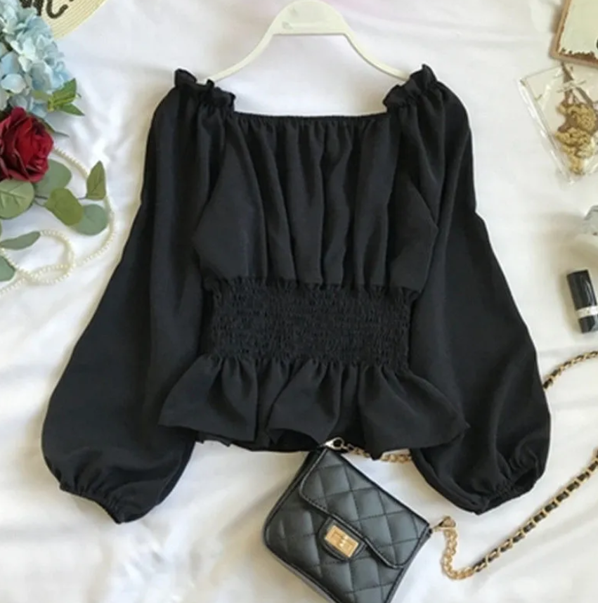 Korean new style waist-cinching versatile pleated babydoll shirt with elegant square neck, long sleeves and short chiffon top for women