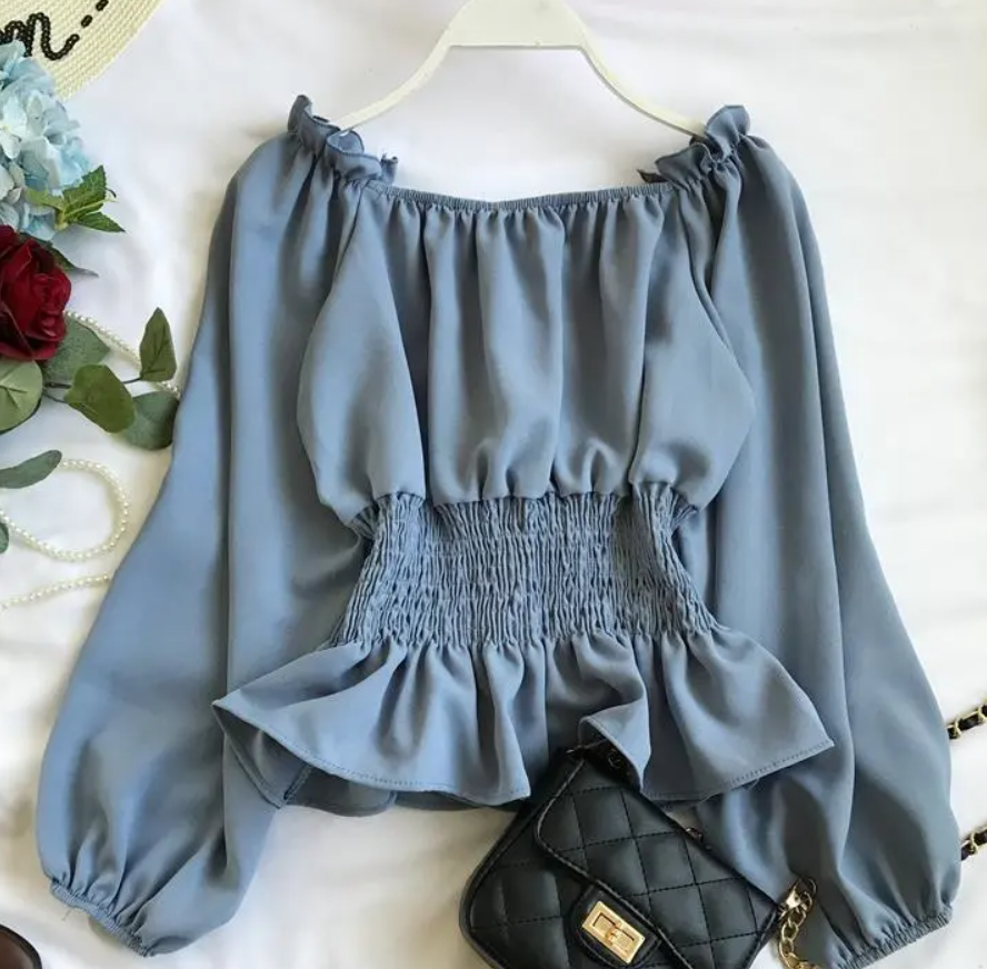 Korean new style waist-cinching versatile pleated babydoll shirt with elegant square neck, long sleeves and short chiffon top for women