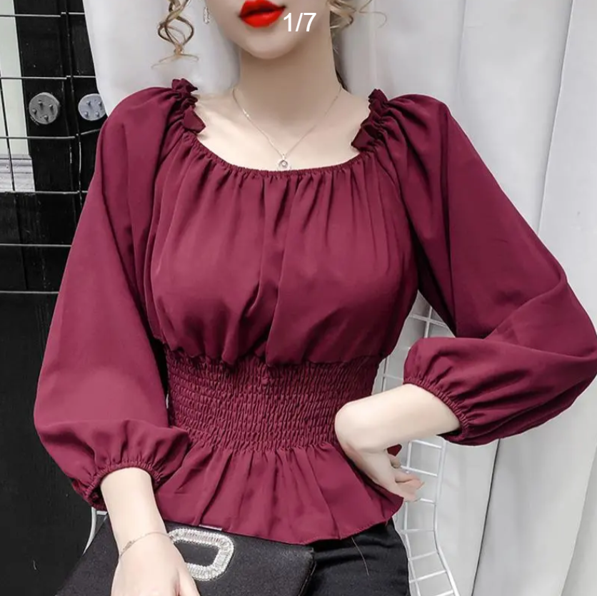 Korean new style waist-cinching versatile pleated babydoll shirt with elegant square neck, long sleeves and short chiffon top for women