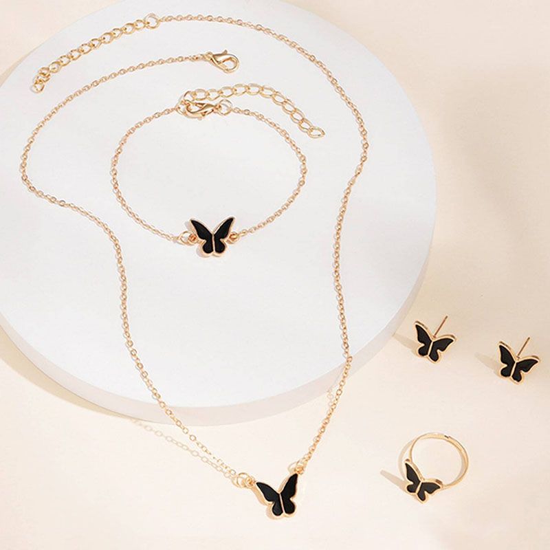 4-Piece Set Of Fashionable Women'S Jewelry New Style Temperament Personality Butterfly Necklace Earrings Ring Bracelet