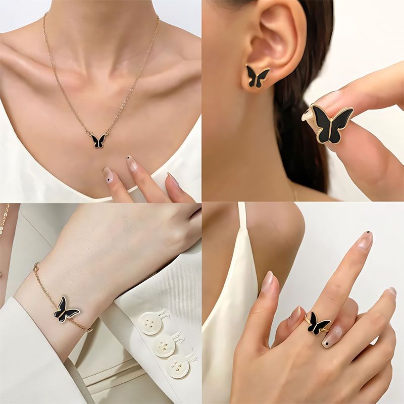 4-Piece Set Of Fashionable Women'S Jewelry New Style Temperament Personality Butterfly Necklace Earrings Ring Bracelet