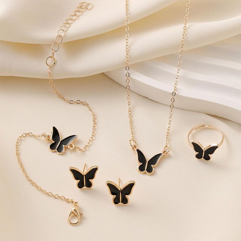 4-Piece Set Of Fashionable Women'S Jewelry New Style Temperament Personality Butterfly Necklace Earrings Ring Bracelet