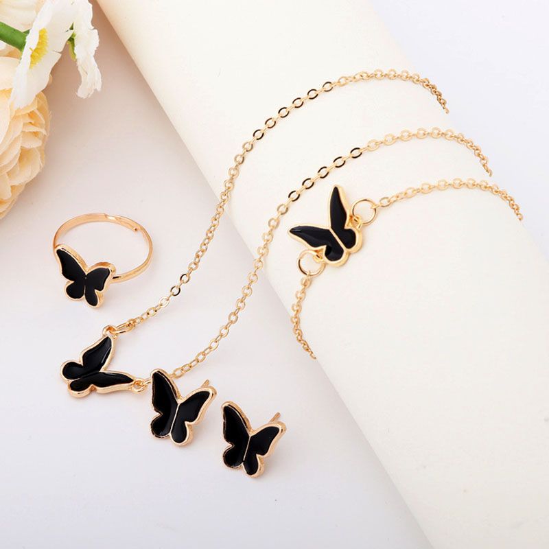4-Piece Set Of Fashionable Women'S Jewelry New Style Temperament Personality Butterfly Necklace Earrings Ring Bracelet