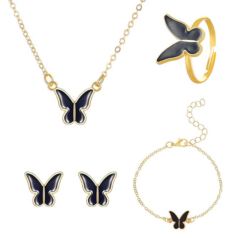 4-Piece Set Of Fashionable Women'S Jewelry New Style Temperament Personality Butterfly Necklace Earrings Ring Bracelet