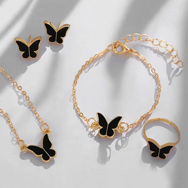 4-Piece Set Of Fashionable Women'S Jewelry New Style Temperament Personality Butterfly Necklace Earrings Ring Bracelet