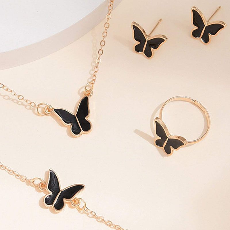 4-Piece Set Of Fashionable Women'S Jewelry New Style Temperament Personality Butterfly Necklace Earrings Ring Bracelet