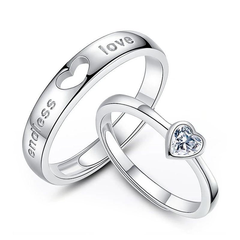 2 Pieces Couple Ring Set Men and Women Hollow Heart Shape Diamond Ring Jewelry Ring Wedding Valentine's Day Gift Adjustable Ring Diamond Style