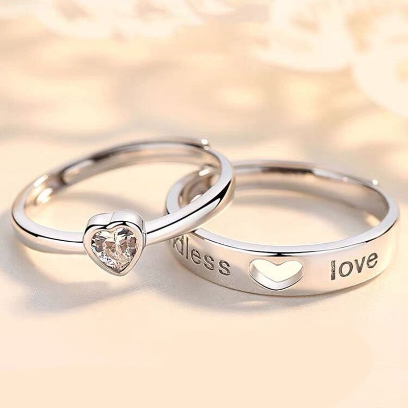 2 Pieces Couple Ring Set Men and Women Hollow Heart Shape Diamond Ring Jewelry Ring Wedding Valentine's Day Gift Adjustable Ring Diamond Style