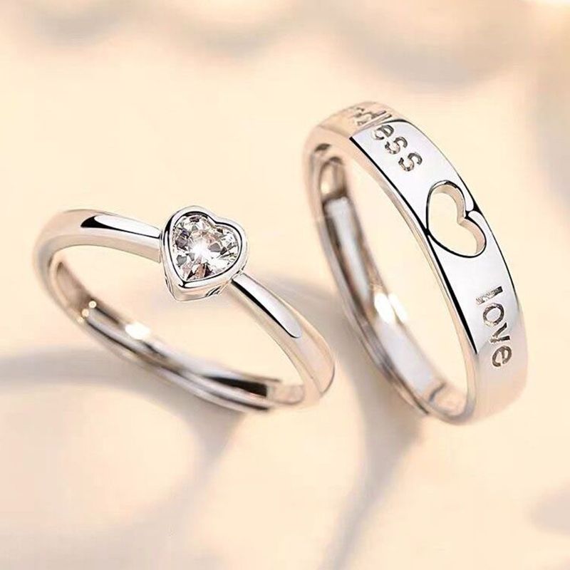 2 Pieces Couple Ring Set Men and Women Hollow Heart Shape Diamond Ring Jewelry Ring Wedding Valentine's Day Gift Adjustable Ring Diamond Style