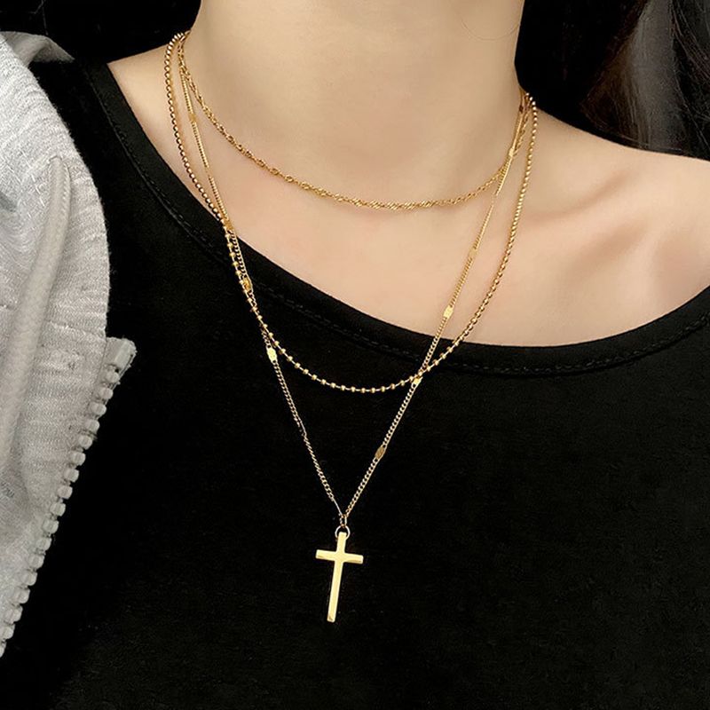 Women's Fashion New Hot-Selling Jewelry Simple Multi-Layer Cross Necklace Feminine Casual Three-Layer Clavicle Chain Pendant Necklace Gold Women's Model
