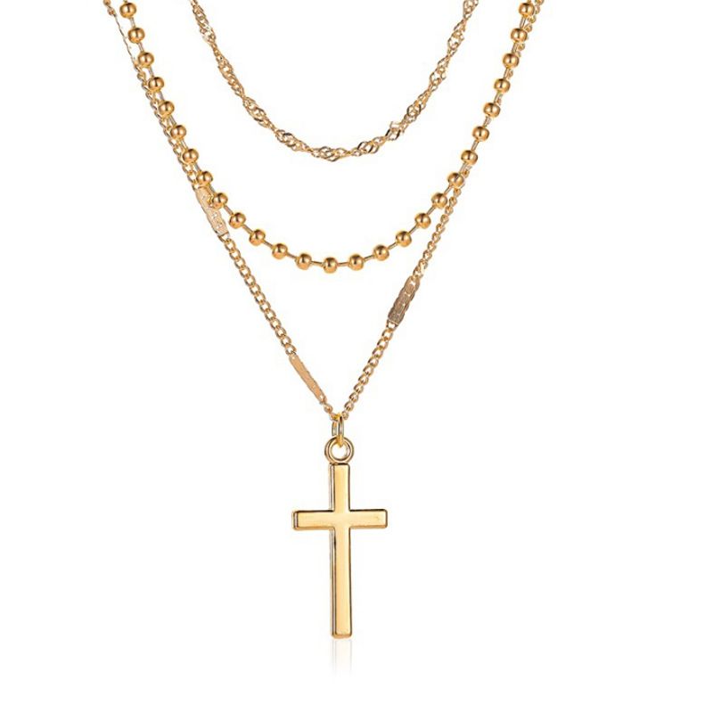 Women's Fashion New Hot-Selling Jewelry Simple Multi-Layer Cross Necklace Feminine Casual Three-Layer Clavicle Chain Pendant Necklace Gold Women's Model