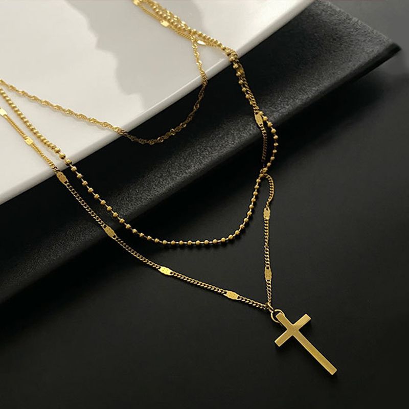 Women's Fashion New Hot-Selling Jewelry Simple Multi-Layer Cross Necklace Feminine Casual Three-Layer Clavicle Chain Pendant Necklace Gold Women's Model