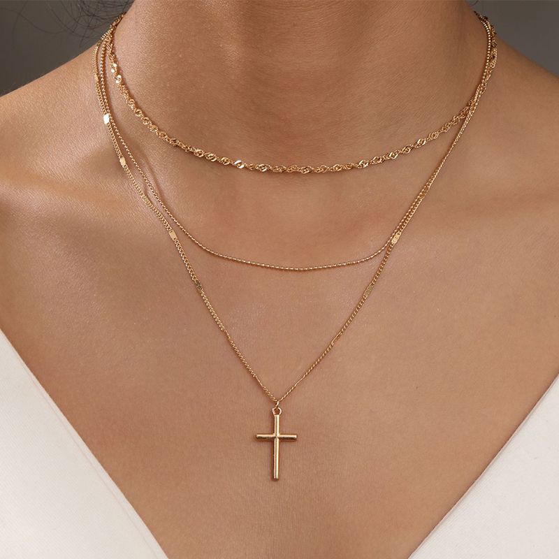 Women's Fashion New Hot-Selling Jewelry Simple Multi-Layer Cross Necklace Feminine Casual Three-Layer Clavicle Chain Pendant Necklace Gold Women's Model