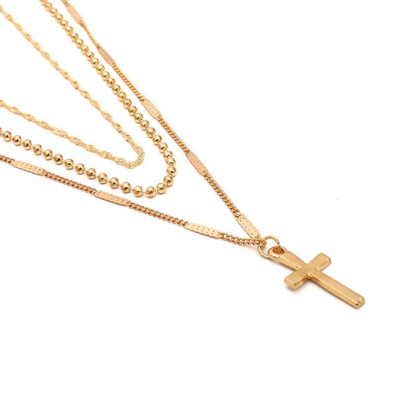 Women's Fashion New Hot-Selling Jewelry Simple Multi-Layer Cross Necklace Feminine Casual Three-Layer Clavicle Chain Pendant Necklace Gold Women's Model
