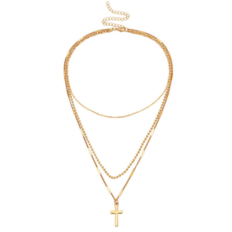 Women's Fashion New Hot-Selling Jewelry Simple Multi-Layer Cross Necklace Feminine Casual Three-Layer Clavicle Chain Pendant Necklace Gold Women's Model