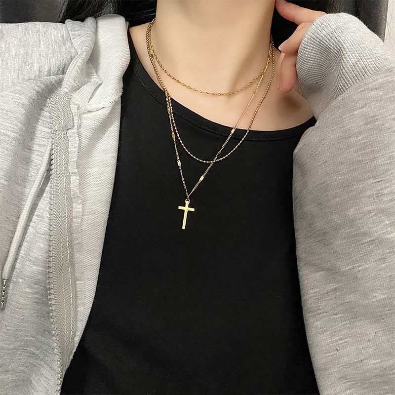Women's Fashion New Hot-Selling Jewelry Simple Multi-Layer Cross Necklace Feminine Casual Three-Layer Clavicle Chain Pendant Necklace Gold Women's Model