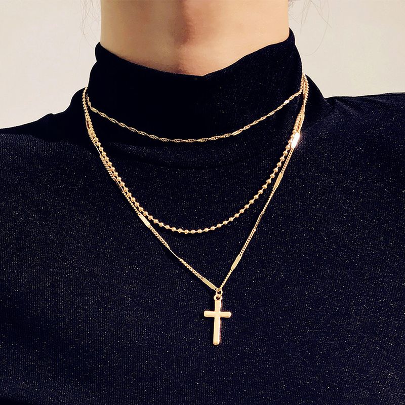 Women's Fashion New Hot-Selling Jewelry Simple Multi-Layer Cross Necklace Feminine Casual Three-Layer Clavicle Chain Pendant Necklace Gold Women's Model