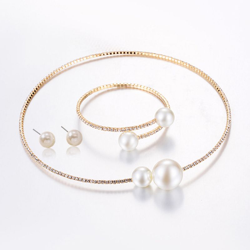 3-Piece Set Of Fashionable Women's Personalized Birthday Gift Gold Simple Bridal Jewelry Elegant Shiny Rhinestone Pearl Necklace Earrings Bracelet