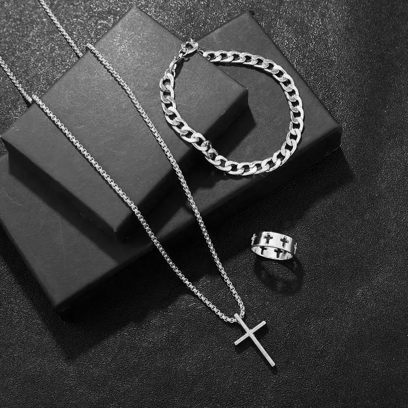 3-Piece Hip-Hop Necklace Trend Jewelry Fashion Men's Personalized Gift Cross Men And Women Necklace Ring Bracelet Clavicle Chain