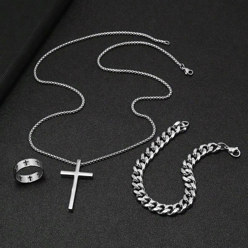 3-Piece Hip-Hop Necklace Trend Jewelry Fashion Men's Personalized Gift Cross Men And Women Necklace Ring Bracelet Clavicle Chain