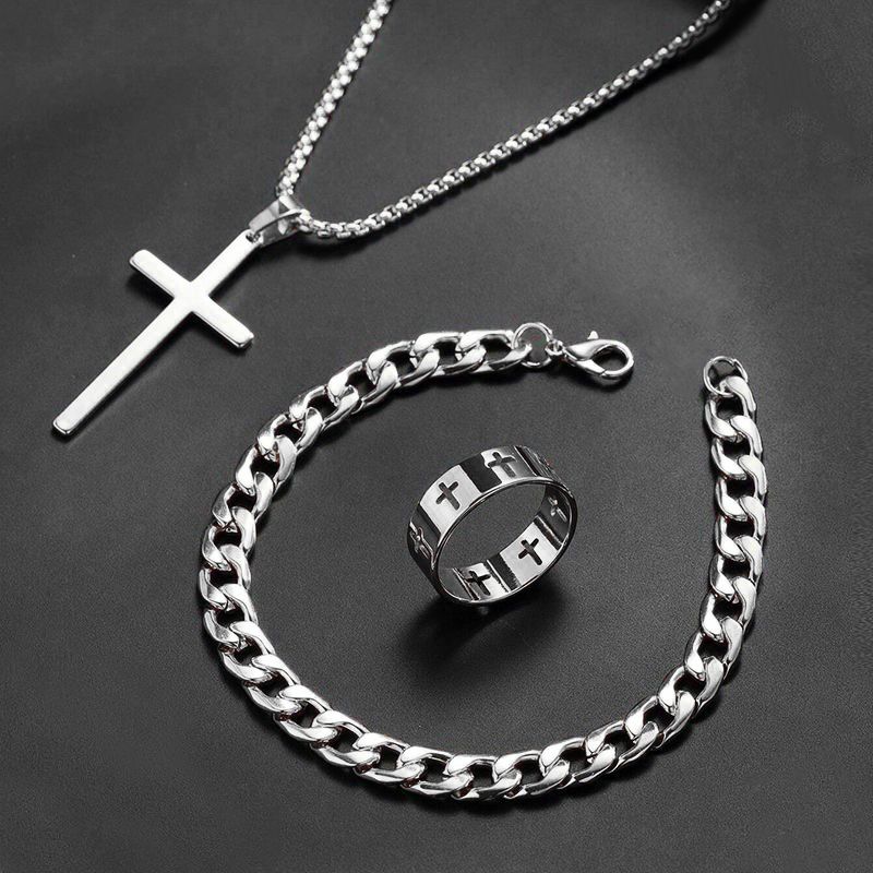 3-Piece Hip-Hop Necklace Trend Jewelry Fashion Men's Personalized Gift Cross Men And Women Necklace Ring Bracelet Clavicle Chain