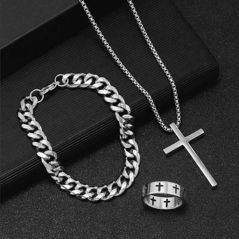3-Piece Hip-Hop Necklace Trend Jewelry Fashion Men's Personalized Gift Cross Men And Women Necklace Ring Bracelet Clavicle Chain