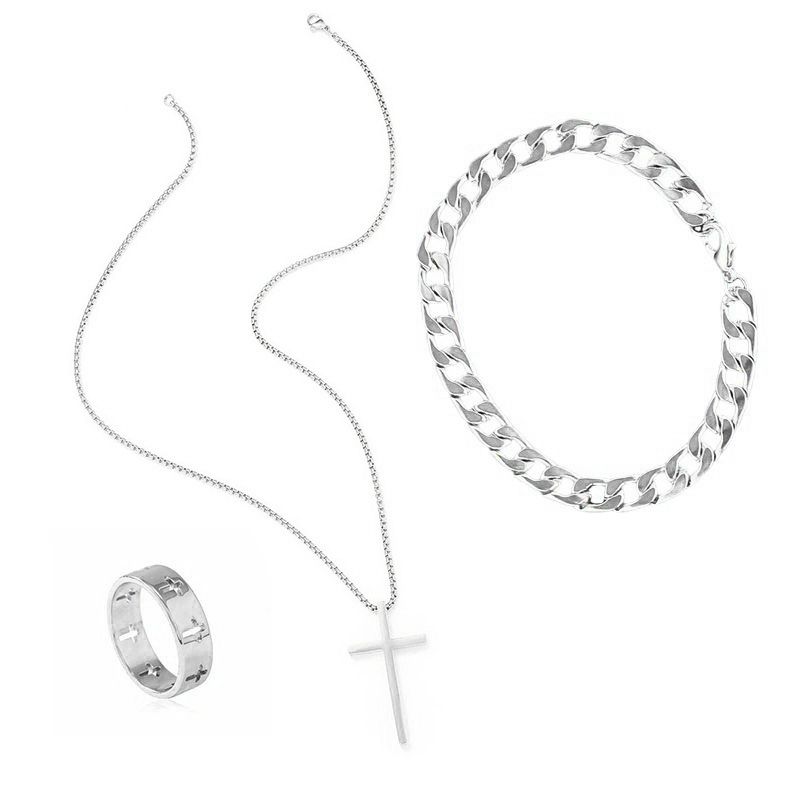 3-Piece Hip-Hop Necklace Trend Jewelry Fashion Men's Personalized Gift Cross Men And Women Necklace Ring Bracelet Clavicle Chain