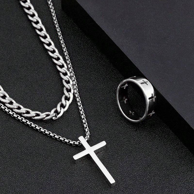 3-Piece Hip-Hop Necklace Trend Jewelry Fashion Men's Personalized Gift Cross Men And Women Necklace Ring Bracelet Clavicle Chain