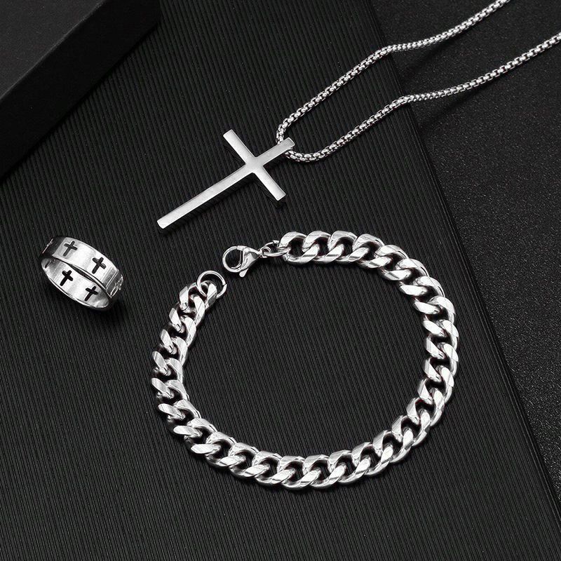 3-Piece Hip-Hop Necklace Trend Jewelry Fashion Men's Personalized Gift Cross Men And Women Necklace Ring Bracelet Clavicle Chain