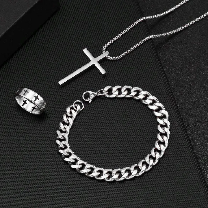 3-Piece Hip-Hop Necklace Trend Jewelry Fashion Men's Personalized Gift Cross Men And Women Necklace Ring Bracelet Clavicle Chain