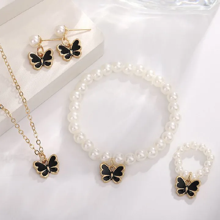 4-Piece Women's Fashion Imitation Pearl Butterfly Jewelry Set Oil Drop Butterfly Charm Bracelet Earrings Necklace Girls Jewelry Gift