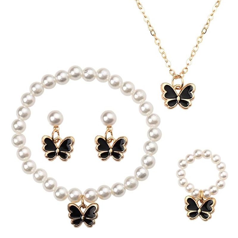4-Piece Women's Fashion Imitation Pearl Butterfly Jewelry Set Oil Drop Butterfly Charm Bracelet Earrings Necklace Girls Jewelry Gift