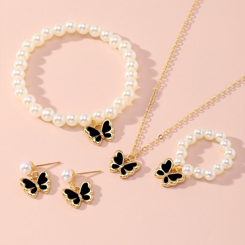 4-Piece Women's Fashion Imitation Pearl Butterfly Jewelry Set Oil Drop Butterfly Charm Bracelet Earrings Necklace Girls Jewelry Gift