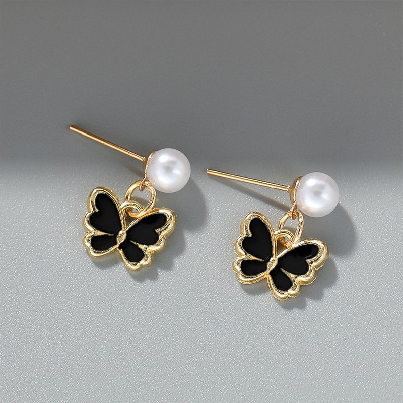 4-Piece Women's Fashion Imitation Pearl Butterfly Jewelry Set Oil Drop Butterfly Charm Bracelet Earrings Necklace Girls Jewelry Gift