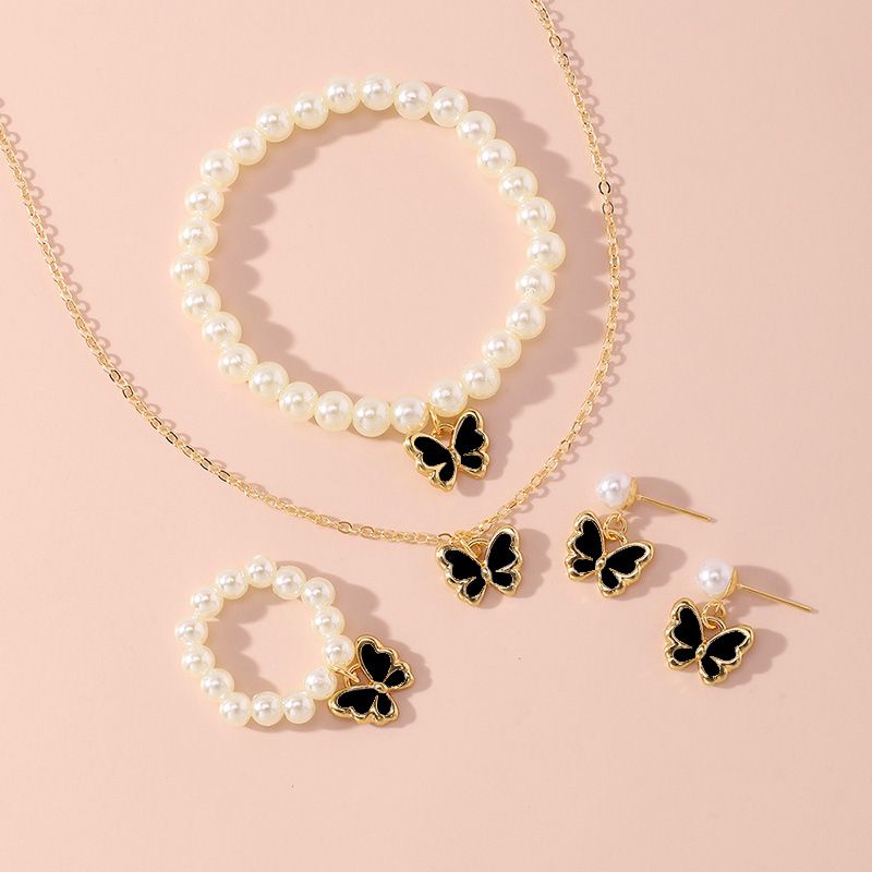 4-Piece Women's Fashion Imitation Pearl Butterfly Jewelry Set Oil Drop Butterfly Charm Bracelet Earrings Necklace Girls Jewelry Gift