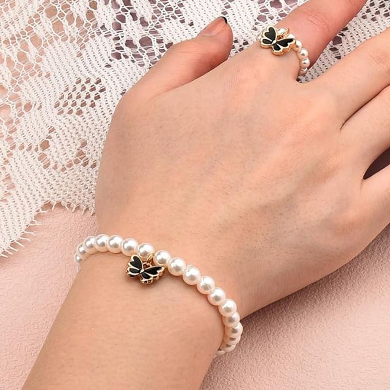 4-Piece Women's Fashion Imitation Pearl Butterfly Jewelry Set Oil Drop Butterfly Charm Bracelet Earrings Necklace Girls Jewelry Gift